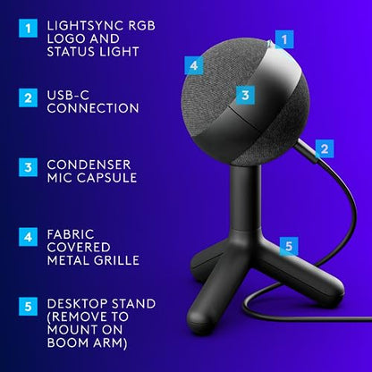 Logitech G Yeti Orb Condenser RGB Gaming Mic with LIGHTSYNC, USB Mic for Streaming, Cardioid for PC/Mac - Black (Renewed)