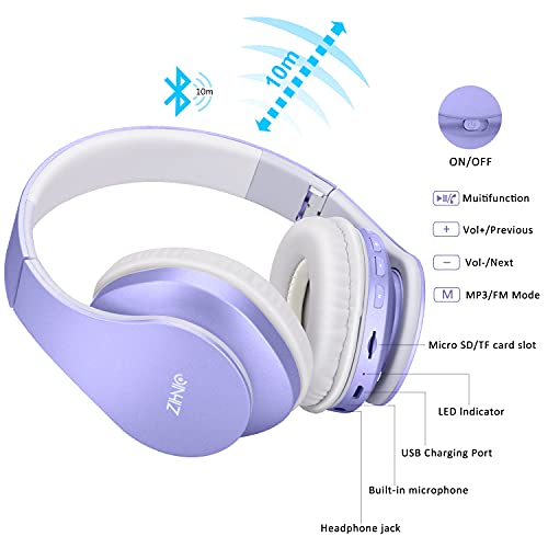 ZIHNIC Bluetooth Headphones Over-Ear, Foldable Wireless and Wired Stereo Headset Micro SD/TF, FM for Cell Phone,PC,Soft Earmuffs &Light Weight for Prolonged Wearing (Purple) - color: Purple