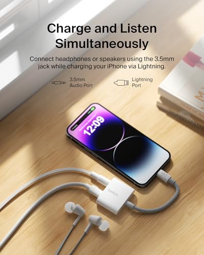 Belkin RockStar 3.5mm Audio + Charge Adapter, 4in, White | Headphone jack plus Lightning charging pass-through, MFi certified, compatible with iPhone, compact travel adapter - color: White, size: Lightning, style: 3.5MM AUX Audio + LGT Charge