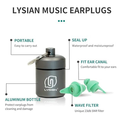LYSIAN High Fidelity Concert Ear Plugs, 23dB, 2 Pairs with Case, Aqua | Reusable soft musician earplugs for concerts, festivals & raves; 23dB noise reduction, 2 pairs with aluminum case - color: Aqua