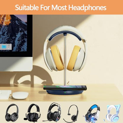 Hiwe Headphone Stand with Wireless Charger, Headset Holder for Desktop | 2 in 1 Charging Station for iPhone, Samsung, AirPods and Desk All Headphones, Aluminum Support Rod, Heavy Base, Navy Blue - color: Navy Blue