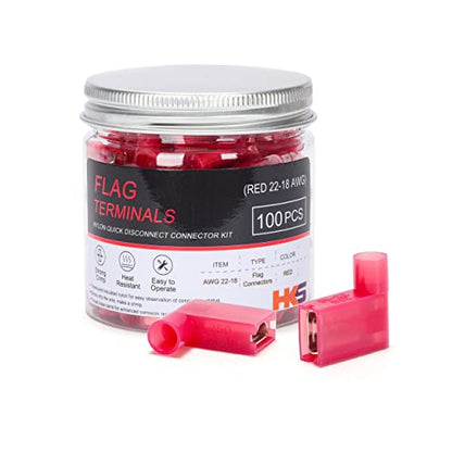 HKS 100 PCS Flag Spade Terminals 90 Degree Female - Red 22-18 AWG - Nylon Quick Disconnect Wire Connector - Right Angle - Crimp Insulated - color: 100PCS RED