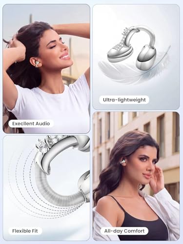 JewelPods C3 Wireless Bluetooth Earbuds, Jeweled Open-Ear Headphones, SLV | Ultra-Light Memory Wire Clip-On Earrings for All-Day Comfort, 60H Playtime, Sweat & Water Resistant, Premium Sound - color: SLV