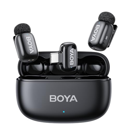 BOYA mini 2 Wireless Lavalier Microphone for iPhone 15/16/17 & Android | AI Noise Cancellation, App Control, 30H Battery Life with Charging Case for Vlogging Interviews and Content Creation - color: Black