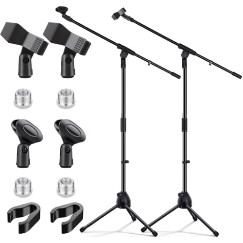 Tellegloww 2 Pcs Microphone Stand Tripod Boom Arm Podium Studio Mic Stand Adjustable Height 75 Inches, Microphone Arm to 27 Inches Comes with 3/8 Inch and 5/8 Inch Mount Adapters