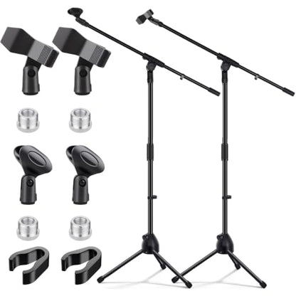 Tellegloww 2 Pcs Microphone Stand Tripod Boom Arm Podium Studio Mic Stand Adjustable Height 75 Inches, Microphone Arm to 27 Inches Comes with 3/8 Inch and 5/8 Inch Mount Adapters
