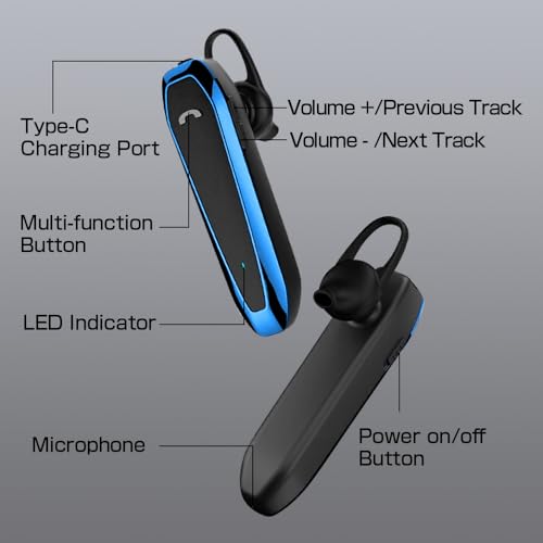 Bluetooth Headset, V5.3 Wireless Handsfree Earpiece with Noise Cancelling Mic, 33 Hours Talking Time, Single Ear Headset Compatible with iPhone Android Cell Phones for Driving Business（Blue）