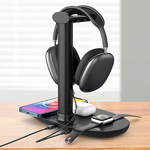 Headphone Stand Charger 4 in 1 Headphone Charging Hanger, Headset Holder and Station Dock for Smartphones, 15W Stable Desktop Gaming Headset Holder Charger
