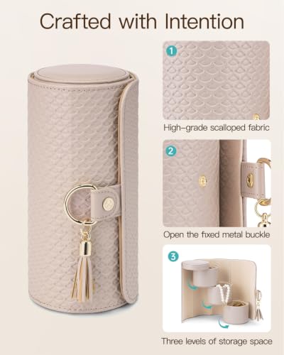 VLANDO Travel Jewelry Organizer, 3 Tier Roll Up Design, Hard Shell Storage | Stepped Sections Compartments Keep Jewelry Visible, Soft Lining Protect Pieces, Snap Closure, Travel Gift for Women Girl - color: E.Grey