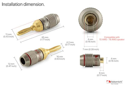 Nakamichi FanLock Excel Series 24k Gold Plated Banana Plugs, 10-18 AWG | Gauge Size 4mm for Speakers Amplifier Hi-Fi Stereo Radio AV Receiver Audio Wire Cable Quick Connector, 4 Pcs (2-Pairs) - size: 4 Pcs (2-Pairs)