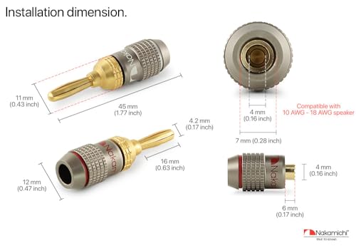 Nakamichi FanLock Excel Series 24k Gold Plated Banana Plugs, 10-18 AWG | Gauge Size 4mm for Speakers Amplifier Hi-Fi Stereo Radio AV Receiver Audio Wire Cable Quick Connector, 2 Pcs (1-Pair) - size: 2 Pcs (1-Pair)