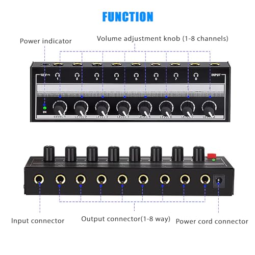 Portable Metal Stereo Headphone Amplifier with 8 Outputs, 1 Input, 12V Power Adapter, Mini Headphone Splitter for Studio/Stage, 100-240V US Plug