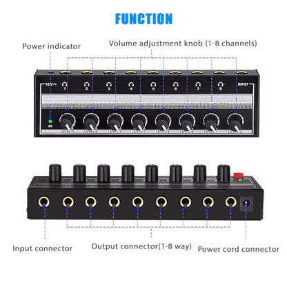 Portable Metal Stereo Headphone Amplifier with 8 Outputs, 1 Input, 12V Power Adapter, Mini Headphone Splitter for Studio/Stage, 100-240V US Plug