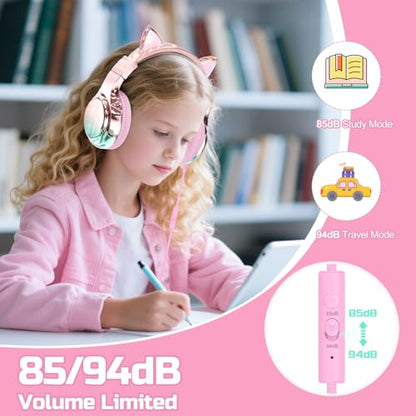 QearFun Kids Cat Ear Headphones with Cord with Mic, 85/94dB Volume Limit - color: Cat Pink