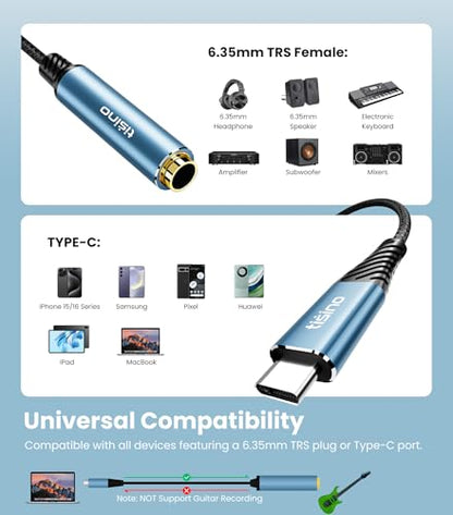 Tisino USB C to Aux 1/4" TRS Headphone Adapter Cable, 384kHz/32bit, 3.3FT | DAC USB-C to 1/4 inch Audio Aux Cord for Smartphone, Laptop, Amplifier, Mixer, Home Theater, Stereo Audio Cable - size: 1m/3.3ft