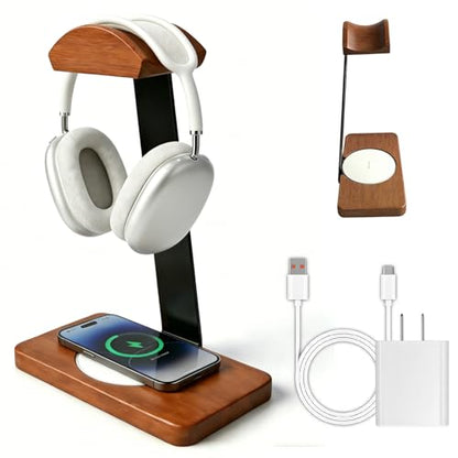 Wooden Headphone Stand with Wireless Charging Pad, 2-in-1 for Walnut Desk | Universal Headset Stand for Gaming Desk, Headphone Rack Compatible with Airpods Max,Bose,Razer,AKG Equipment Accessories - color: White