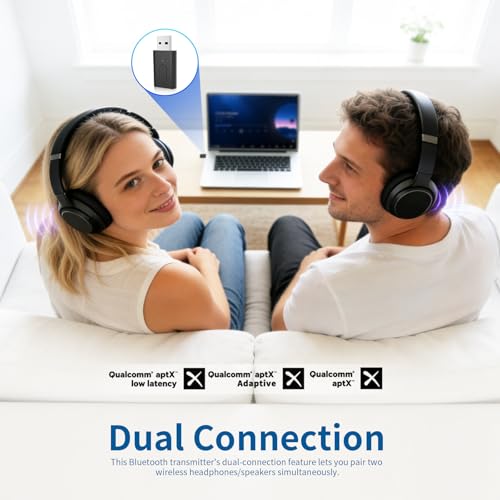 Bluetooth 5.3 Transmitter, APTX Adaptive APTX Low Latency Dual Device Connection,for PS5,PS4, Switch, PC, TV,Bluetooth Headphones (Plug Play)