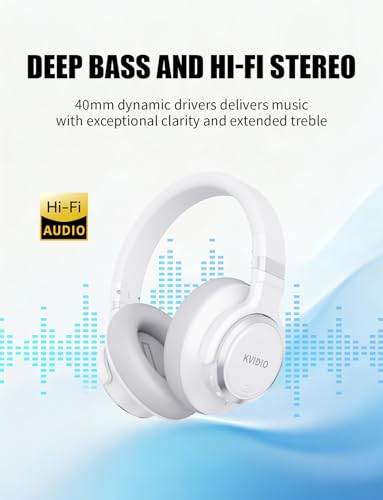 KVIDIO Hybrid Active Noise Cancelling Headphones Over Ear | Bluetooth Wireless ANC 70H Playtime, Transparency Mode, Microphone, Deep Bass, HiFi Stereo Sound for Home, Travel, Office - color: White