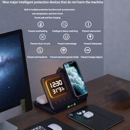 IHAO 5in1 Multi Functional Wireless Charging Station Digital Clock 15W Fast Charging Temperature Display Wireless Charger for All Qi Phone and TWS Headphone Compliant with Apple Watch-DH15 White - color: 5IN1 Wireless Charger Alarm Clock DH15 White