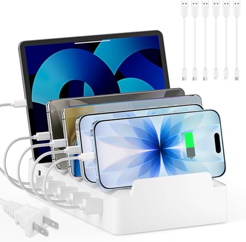 Charging Station for Multiple Devices, 6 Port USB Desktop Charger Dock Compatible with iPad, Samsung, Android, Tablet, Family Multi Phone Charging Organizer with Divider Holders, Fireproof ABS (White) - color: White