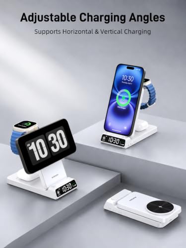 3 in 1 Charging Station for Apple, Travel Wireless Charger with Clock | ELECDOV Magnetic Charger for iPhone, Foldable Watch Charger Stand for iPhone 17/Air/16/15 Series, iWatch 10/AirPods 4 (White) - color: white