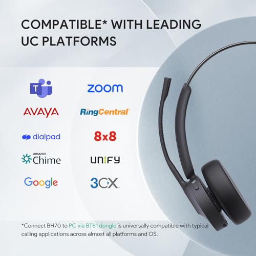 Yealink BH70 with Stand Wireless Bluetooth Headset with Microphone for Work, up to 35h Talking Battery Life, 3 Noise Cancellation Mics, Teams Certified, ≤90min Fast Charging, NO Power Adapter Needed - color: Black(Mono+stand), style: Teams(USB-A)