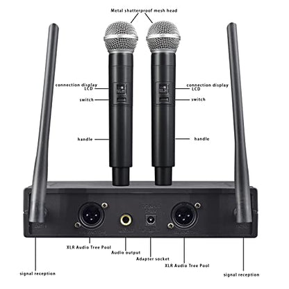 Wireless Microphone, Dual Channel Professional Cordless Dynamic Wireless Microphone, Handheld Wireless Microphone System for Home Karaoke, conferences, Parties, Churches, Weddings, Parties, 160 ft