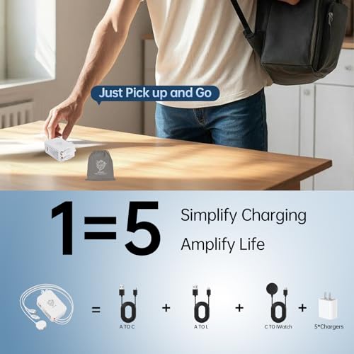 5-in-1 Retractable Apple Watch Charger, 35W Travel Wall Charger | Built-in 3.2ft USB-C, Older iPhone & Apple Watch Charging Cables, USB-A + USB-C Ports, Foldable Plug for Travel