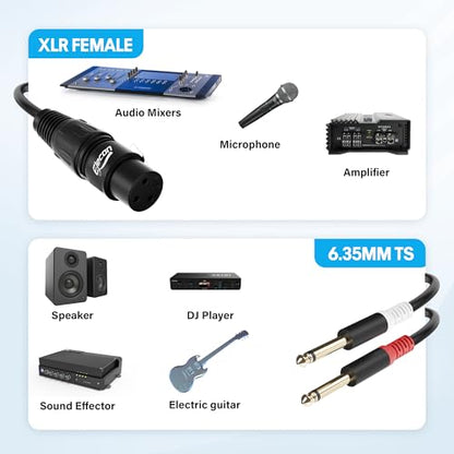 Elecan 3-Pin XLR Female to Dual 6.35mm 1/4'' TS Male Y Splitter Converter Cable 4 Ft, Double Mono to XLR Microphone Cable Stereo Audio Interconnect Adatper Cord for Mixer AMP Speaker+5 Ties - size: 4FT, style: Female XLR to 2TS