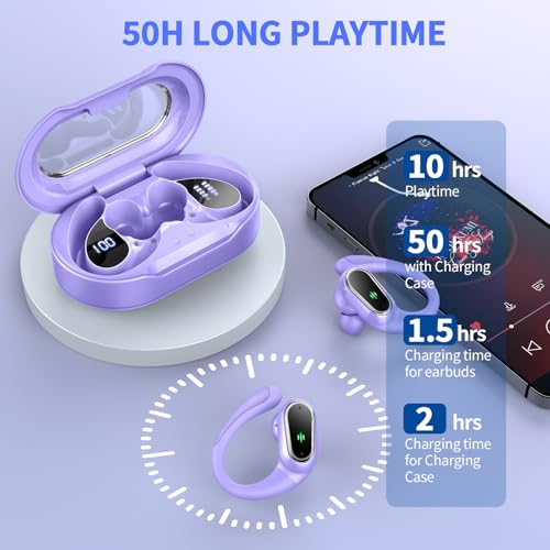 Wireless Earbuds, 2026 Bluetooth 5.4 Headphones, ENC Noise Canceling Mic | 60Hrs+ Stereo Wireless Headphones, IP7 Waterproof Bluetooth Earbuds, Sport Earhooks, Dual LED Display, for Workout, Running - color: comb purple