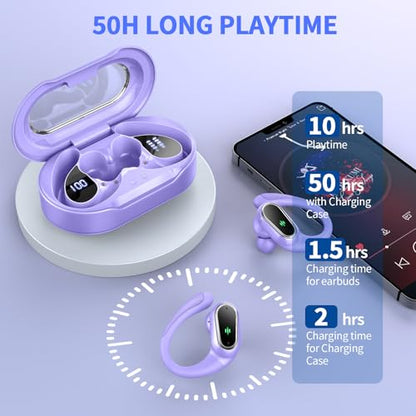 Wireless Earbuds, 2026 Bluetooth 5.4 Headphones, ENC Noise Canceling Mic | 60Hrs+ Stereo Wireless Headphones, IP7 Waterproof Bluetooth Earbuds, Sport Earhooks, Dual LED Display, for Workout, Running - color: comb purple