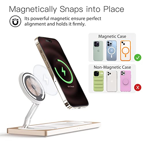 3 in 1 Wireless Charging Station for Apple Devices with MagSafe | For iPhone 17/Air/16/15/14/13/12, AirPods & Apple Watch, Foldable Portable Aluminum Charging Stand, Adapter Included - color: Golden