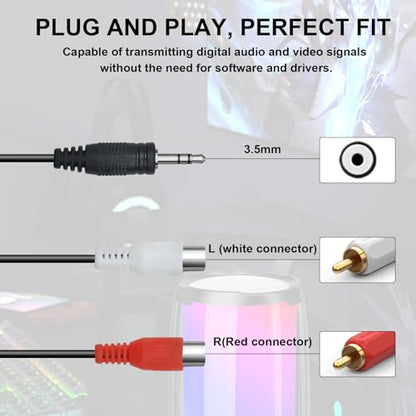 3.5 mm to Dual RCA Audio Cable 1x Male to 2X RCA, Black | Female 1/8 Stereo Mini Jack RCA Adapter Audio Plated Copper Shell Stereo Audio Adapter Cable