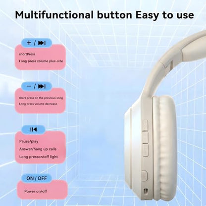 Cat-Ear Wireless Headphones Bluetooth 5.3 Over the Ear Headphones with RGB Light Built-in Mic Foldable Fashionable Stereo Headset Support TF Card for Gaming Travel PC Phone iPad（Cream White） - color: Cream White