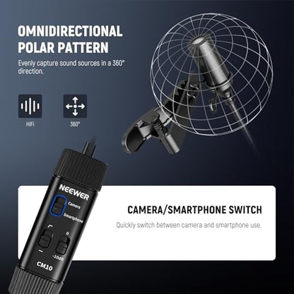 NEEWER 3.5mm TRRS Lavalier Lapel Microphone Plug & Play Mini Clip on Mic Omnidirectional Condenser for Camera Phone PC, Low Frequency Cut, Gain Control, Monitoring Headphone Jack, CM10 - style: CM10(1-Pack)w/3.5mm TRRS Plug