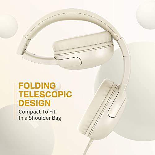 LORELEI E5 Wired Headphones for Kids Foldable & 3.5mm Jack Tangle Free Nylon Wire Stereo On Ear Headsets for Kids/Children/School/Tablet/Ipad/Kiddle/Plane (Beige White) - color: Beige White