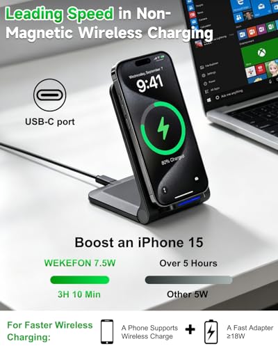 Wireless Charger Stand, Foldable, 15W Fast Wireless Charging Station Compatible with iPhone 17 16 15 14 13 12 Pro Max, Phone Charger Dock for Samsung Galaxy S26 S26+ S25 S24 S23 S22 Note 20 & Android - color: Black
