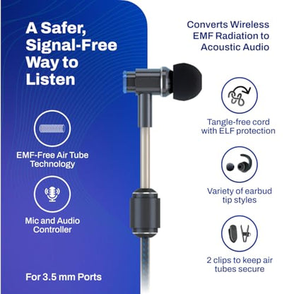 DefenderShield EMF Radiation-Free Earbuds Air Tube Stereo Headphones – Universal Acoustic Headphones Wired Mic & Audio Controls – Secure Fit Wired Earbuds, 3.5mm Jack, Sports Tips & 3 Ear Tip Sizes - style: 3.5mm