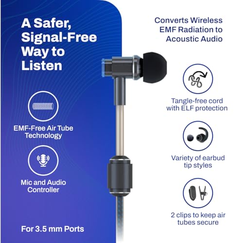 DefenderShield EMF Radiation-Free Earbuds Air Tube Stereo Headphones – Universal Acoustic Headphones Wired Mic & Audio Controls – Secure Fit Wired Earbuds, 3.5mm Jack, Sports Tips & 3 Ear Tip Sizes - style: 3.5mm