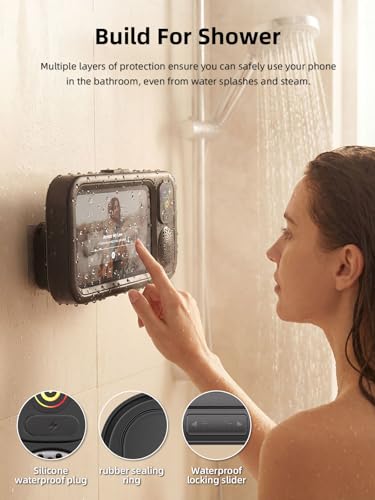 Shower Phone Holder IPX6 Waterproof with Wireless Bluetooth Speaker, 480 Rotation Phone Case Speakers for 4"- 7" Cell Phones, Hands-Free Shower Speaker, Wall Mounted Phoneholder for Mirror (Black) - color: Black