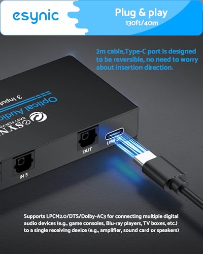 eSynic Portable Digital Optical Audio Switcher 3 in 1 Out-Aluminum Alloy | USB Powered-IR Remote Control-Works with Dolby Digital and DTS Audio Formats From PS4/Blue-Ray/DVD/HDTV to Optical Soundbar