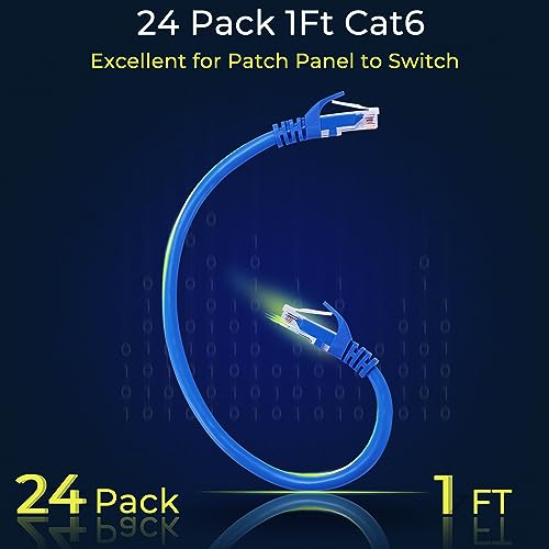 Rapink Patch Cables Cat6 1ft (24 Pack), Ethernet Patch Cable 10G, Cat 6 Patch Cable for Patch Panel to Switch, Flexiable Cat 6 Ethernet Cable with Gold Plated Blue - color: Blue, size: 1FT, style: 24 Pack