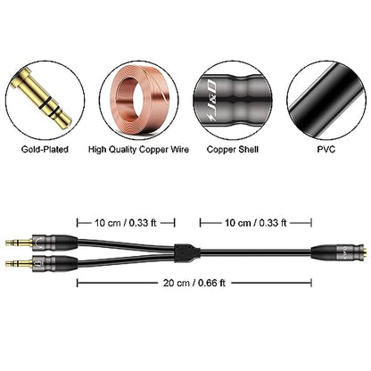 J&D 0.65 Feet Headphone Splitter Cable, 3.5mm Female to Dual 3.5mm Male Mic Splitter for PC, Laptop, Smartphone
