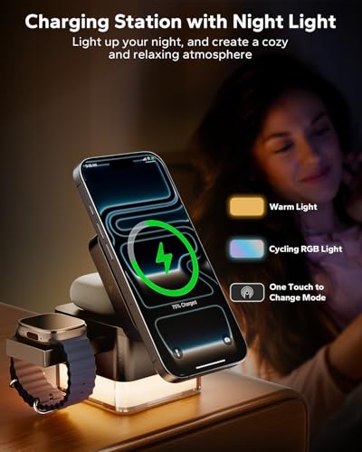 3 in 1 MagSafe-Compatible Charging Station for Apple, Nightstand Fast Wireless Charger, Foldable Cube, Charging Stand with Night Light, for iPhone 17/16/15/14/13/12, Apple Watch/AirPods, Black - color: Black