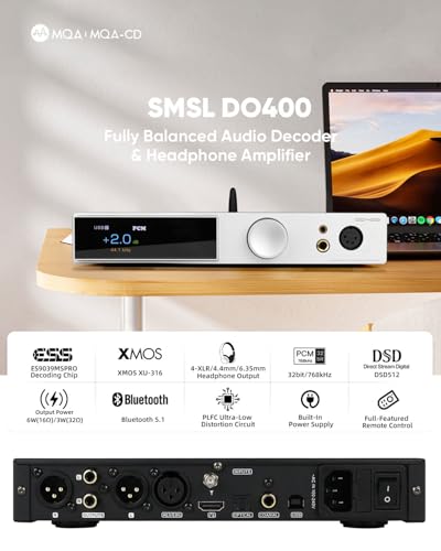 SMSL DO400 HiFi DAC & Headphone Amplifier-ES9039MSPRO Chip | MQA/CD Decoder BT 5.1 (LDAC/AptX HD), XMOS XU316, 768kHz/DSD512, 4.4mm/XLR/6.35mm Outputs USB/AES/Opt/Coax/I²S Input(Black) - color: Black