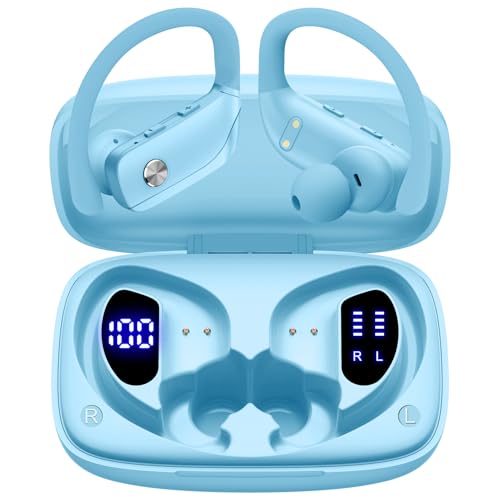 bmani Ear Buds Wireless Earbuds Bluetooth Headphones with 80H Playtime LED Display Case, Over-Ear Hook with Mic, Stereo Sound, Easy Button Controls, Sports Earphones for Running Workout Sky Blue - color: Sky Blue, style: Standard