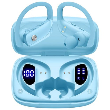 bmani Ear Buds Wireless Earbuds Bluetooth Headphones with 80H Playtime LED Display Case, Over-Ear Hook with Mic, Stereo Sound, Easy Button Controls, Sports Earphones for Running Workout Sky Blue - color: Sky Blue, style: Standard
