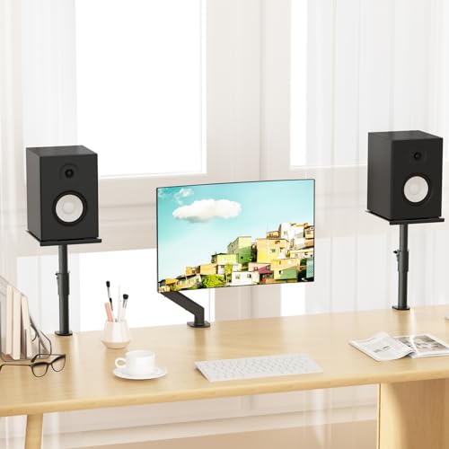 suptek Clamp-on Speaker Stand Desk Mount Set, Height Adjustment, Swivel, 9.6 x 8.8 inch Trays, Universal Audio Holders for Bookshelf Speakers, Elevated Sound, 2 Pack, Black, SDM001G - size: Fixed Speaker Stands