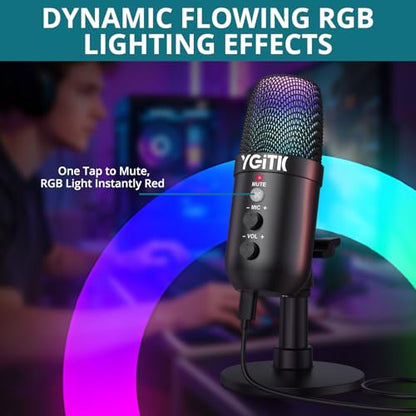USB Gaming Microphone with RGB Lights Stand for PC, PS4, PS5 — Condenser Microphone Mute Headphones Jack, Noise Cancellation, Gain Control USB/XLR | Gaming, Podcasting, Streaming