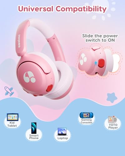 awatrue Kids Bluetooth Headphones, 85dB Volume Limiter, Pink HK02 | Foldable Wireless, Bluetooth 5.4, 75H Playtime, Built-in Mic, for iPad & Travel - color: Pink